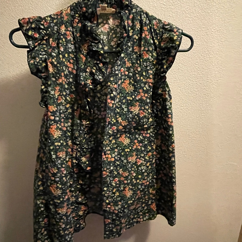 Sezane Navy Garden Ruffle Sleeve Top